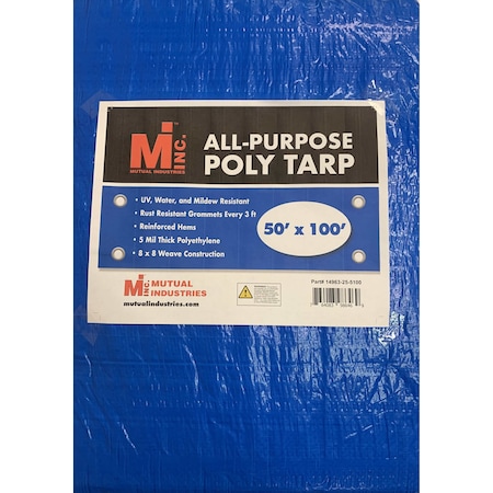 Mutual Industries Tarp, 50 ft x 100 ft, 5 Mil, Blue, Polyethylene, UV Resistant, Mildew Resistant 14963-25-50100